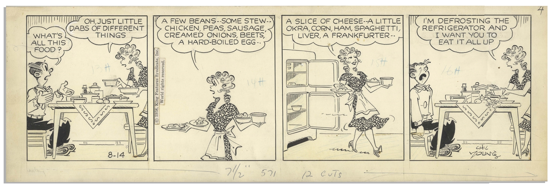 Chic Young Hand-Drawn ''Blondie'' Comic Strip From 1958 Titled ''Leftover Sadness!''